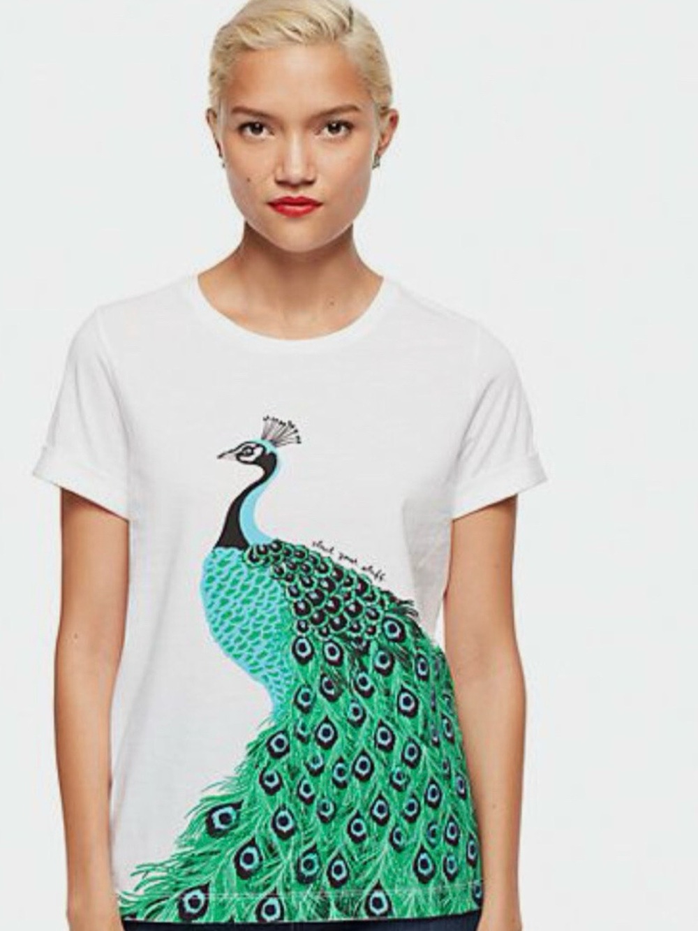 Kate Spade White Tee with Vibrant Peacock Graphic